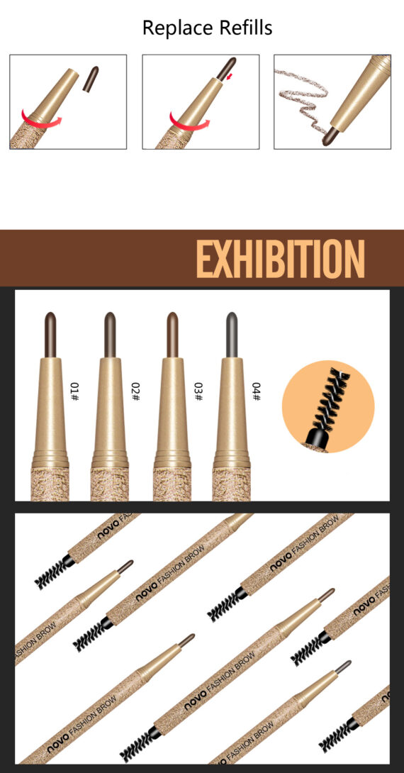 No.5146 Novo Fashion Brow Natur ดินสอเขียนคิ้ว โนโว แบบหมุน มีแปรงปัดคิ้วในตัว แพคสุดคุ้ม!!! พร้อมไส้ดินสอเปลี่ยน 3 แท่ง + บล๊อกคิ้ว 3 ชิ้น ขายเครื่องสำอาง NOVO ราคาถูก